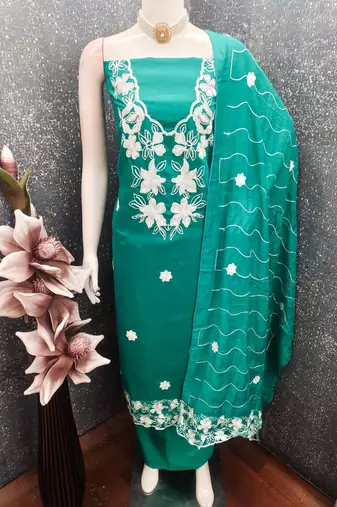 women's sea green unstitched roman silk dress material with embroidered dupatta