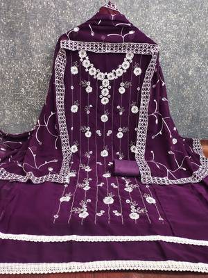 women's purple unstitched georgette dress material with embroidered dupatta 2