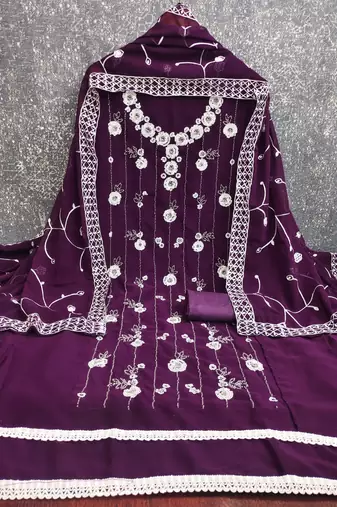 women's purple unstitched georgette dress material with embroidered dupatta