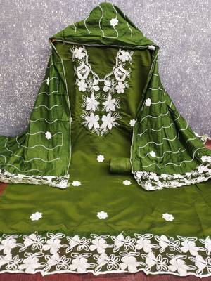 women's green unstitched roman silk dress material with embroidered dupatta 2