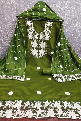 women's green unstitched roman silk dress material with embroidered dupatta