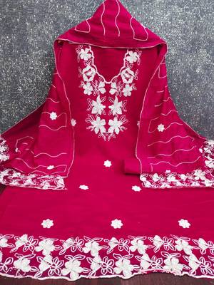 women's magenta unstitched roman silk dress material with embroidered dupatta 2