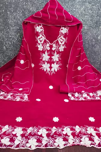 women's magenta unstitched roman silk dress material with embroidered dupatta