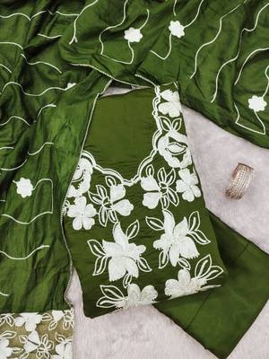 women's green unstitched roman silk dress material with embroidered dupatta 3