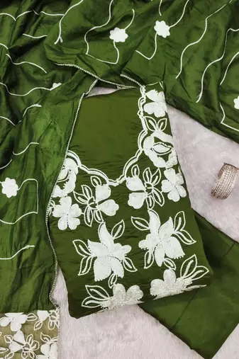 women's green unstitched roman silk dress material with embroidered dupatta