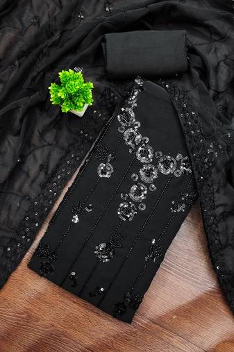 women's black unstitched georgette dress material with embroidered dupatta