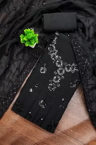 women's black unstitched georgette dress material with embroidered dupatta