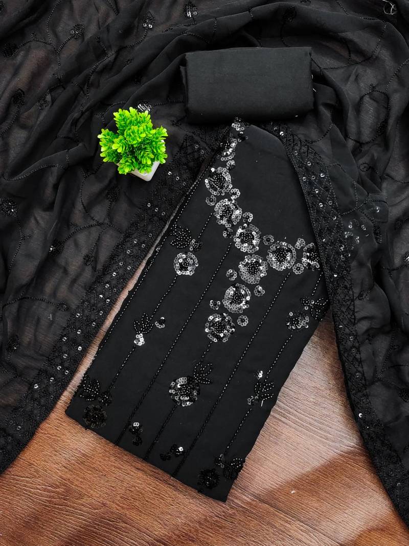 women's black unstitched georgette dress material with embroidered dupatta