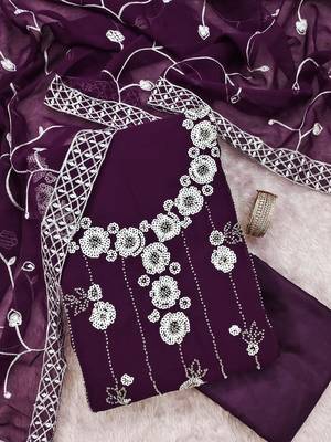 women's purple unstitched georgette dress material with embroidered dupatta 3