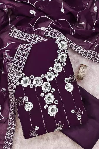women's purple unstitched georgette dress material with embroidered dupatta