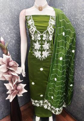 women's green unstitched roman silk dress material with embroidered dupatta 4