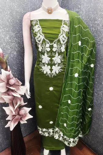 women's green unstitched roman silk dress material with embroidered dupatta