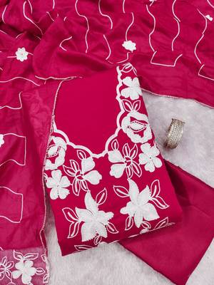 women's magenta unstitched roman silk dress material with embroidered dupatta 3