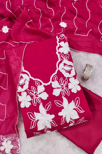 women's magenta unstitched roman silk dress material with embroidered dupatta