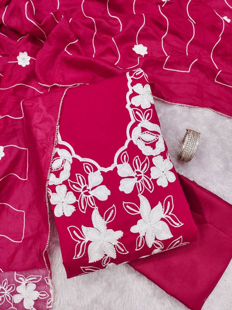 women's magenta unstitched roman silk dress material with embroidered dupatta