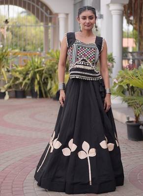 Navratri Roman Silk Lehenga Choli with Pan Patti Gota & Mirror Lace Work - free size 2
