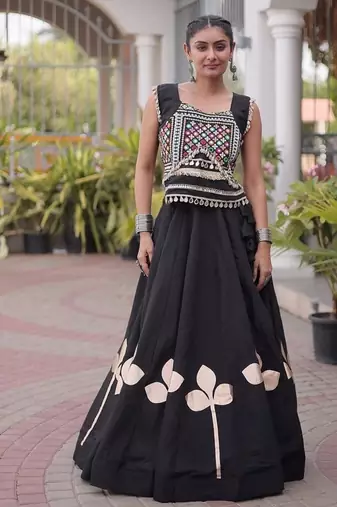 Navratri Roman Silk Lehenga Choli with Pan Patti Gota & Mirror Lace Work - free size