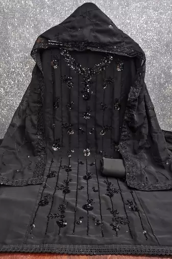 women's black unstitched georgette dress material with embroidered dupatta