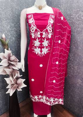 women's magenta unstitched roman silk dress material with embroidered dupatta 4