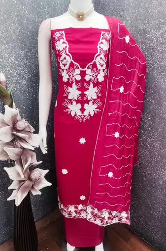 women's magenta unstitched roman silk dress material with embroidered dupatta
