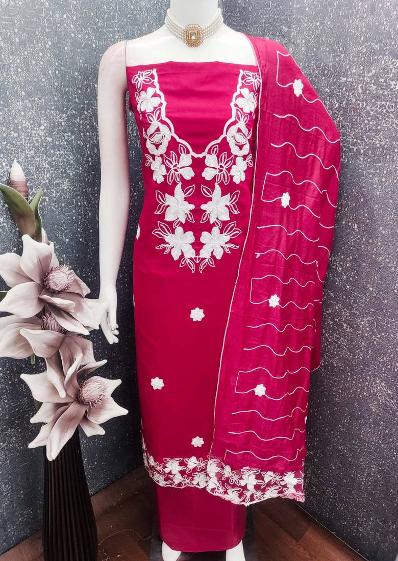 women's magenta unstitched roman silk dress material with embroidered dupatta