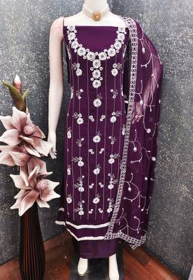 women's purple unstitched georgette dress material with embroidered dupatta 4
