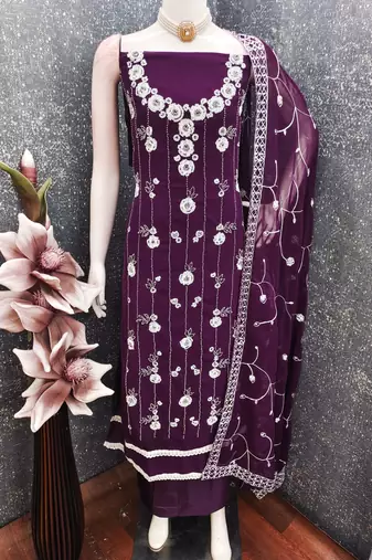 women's purple unstitched georgette dress material with embroidered dupatta