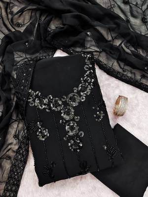 women's black unstitched georgette dress material with embroidered dupatta 3