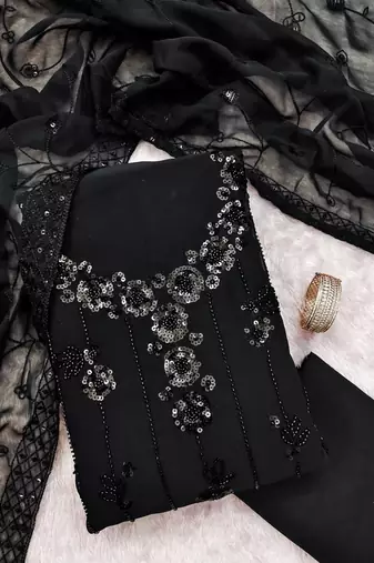 women's black unstitched georgette dress material with embroidered dupatta