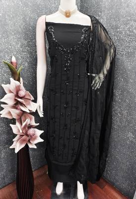 women's black unstitched georgette dress material with embroidered dupatta 4