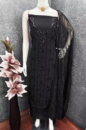 women's black unstitched georgette dress material with embroidered dupatta