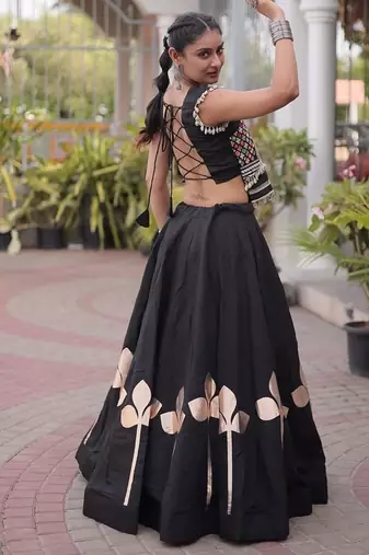 Navratri Roman Silk Lehenga Choli with Pan Patti Gota & Mirror Lace Work - free size