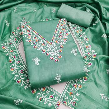 women's sea green unstitched jalpari cotton dress material with embroidered dupatta 1
