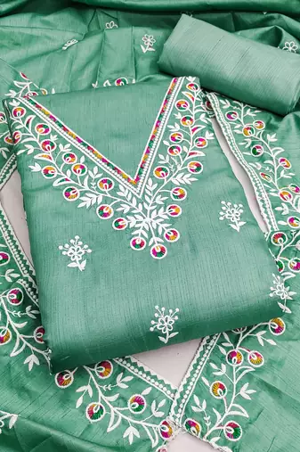 women's sea green unstitched jalpari cotton dress material with embroidered dupatta