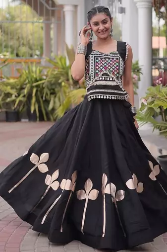 Navratri Roman Silk Lehenga Choli with Pan Patti Gota & Mirror Lace Work - free size