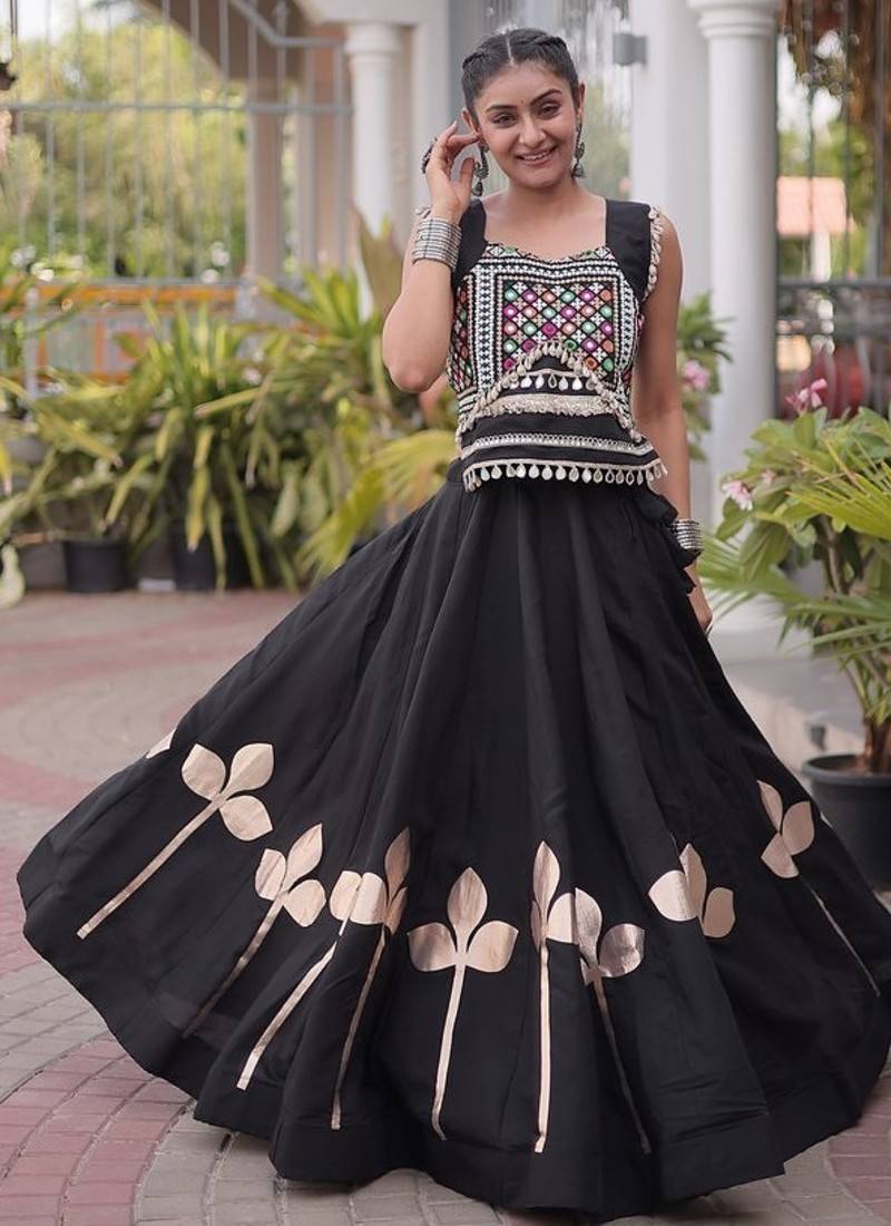 Navratri Roman Silk Lehenga Choli with Pan Patti Gota & Mirror Lace Work - free size