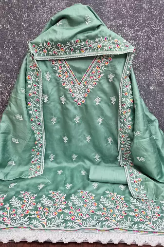 women's sea green unstitched jalpari cotton dress material with embroidered dupatta