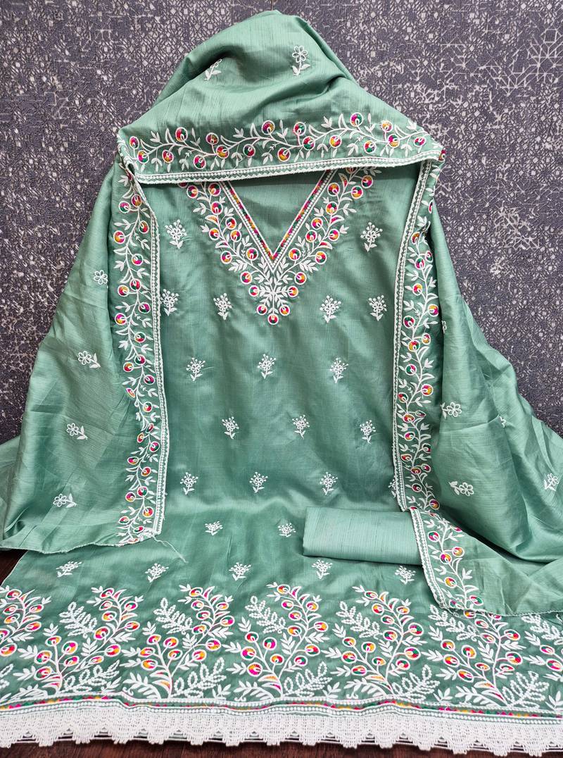 women's sea green unstitched jalpari cotton dress material with embroidered dupatta