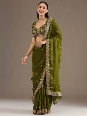 Delightful olive green tissue silk zari and sequins embroidered indian latest design party wear saree 1