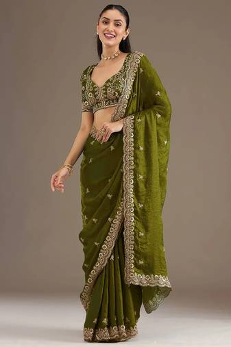 Delightful olive green tissue silk zari and sequins embroidered indian latest design party wear saree