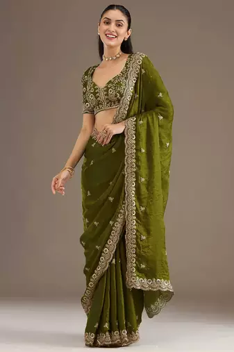 Delightful olive green tissue silk zari and sequins embroidered indian latest design party wear saree