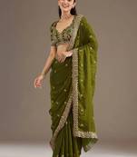 Delightful olive green tissue silk zari and sequins embroidered indian latest design party wear saree