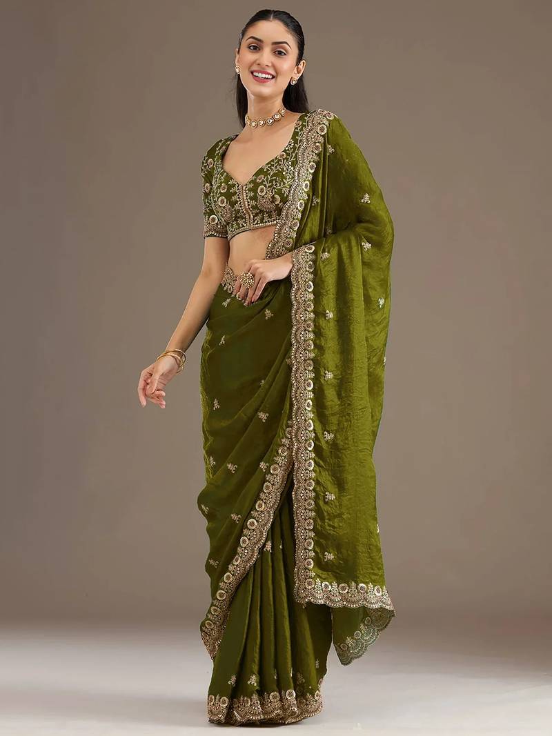 Delightful olive green tissue silk zari and sequins embroidered indian latest design party wear saree