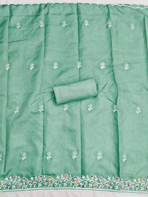 women's sea green unstitched jalpari cotton dress material with embroidered dupatta 3