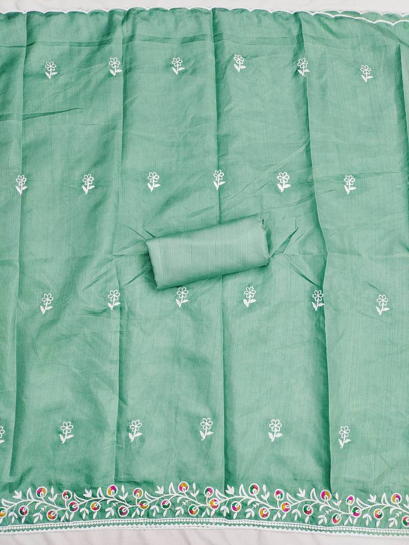 women's sea green unstitched jalpari cotton dress material with embroidered dupatta