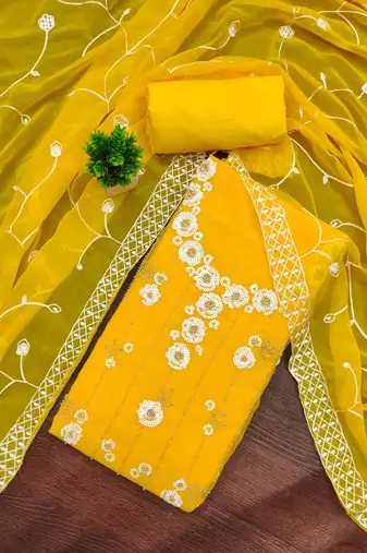 women's yellow unstitched georgette dress material with embroidered dupatta