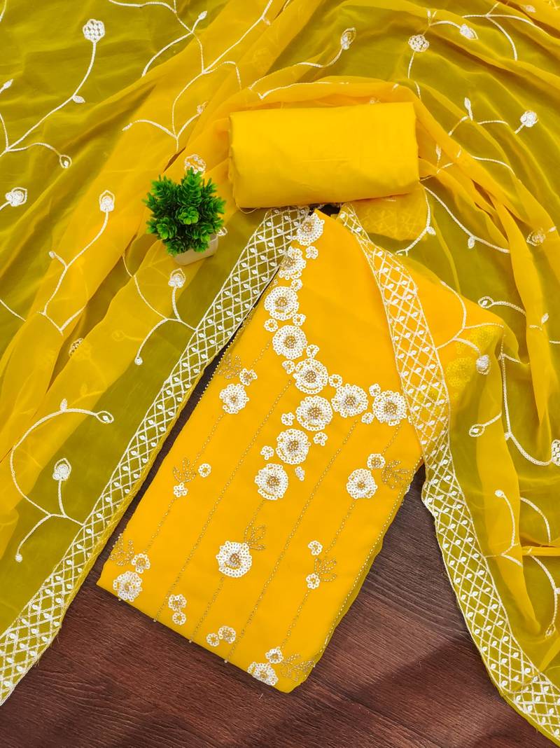 women's yellow unstitched georgette dress material with embroidered dupatta