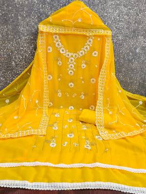 women's yellow unstitched georgette dress material with embroidered dupatta 2