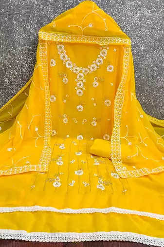 women's yellow unstitched georgette dress material with embroidered dupatta
