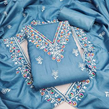 women's steel blue unstitched jalpari cotton dress material with embroidered dupatta 1